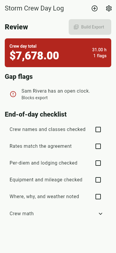 Storm Crew Day Log review flags screen