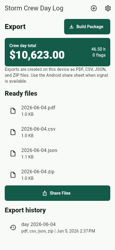 Storm Crew Day Log export ready screen