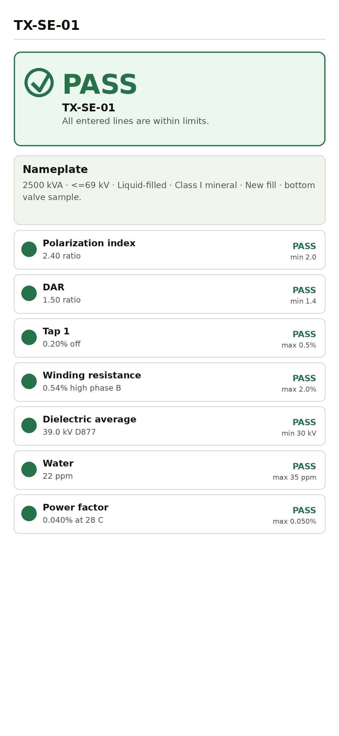 Oil Pass Gate acceptance sheet