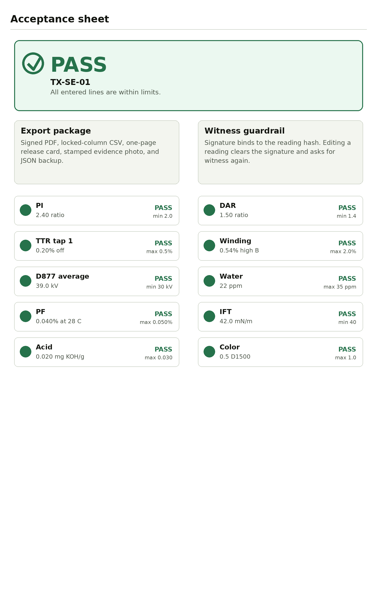Oil Pass Gate tablet acceptance sheet