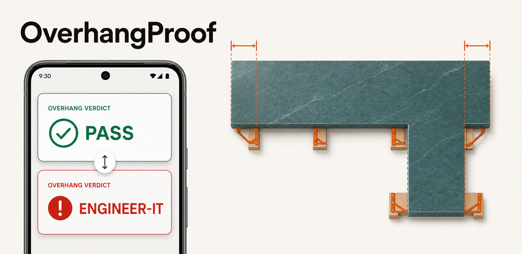 OverhangProof phone preview and countertop support diagram