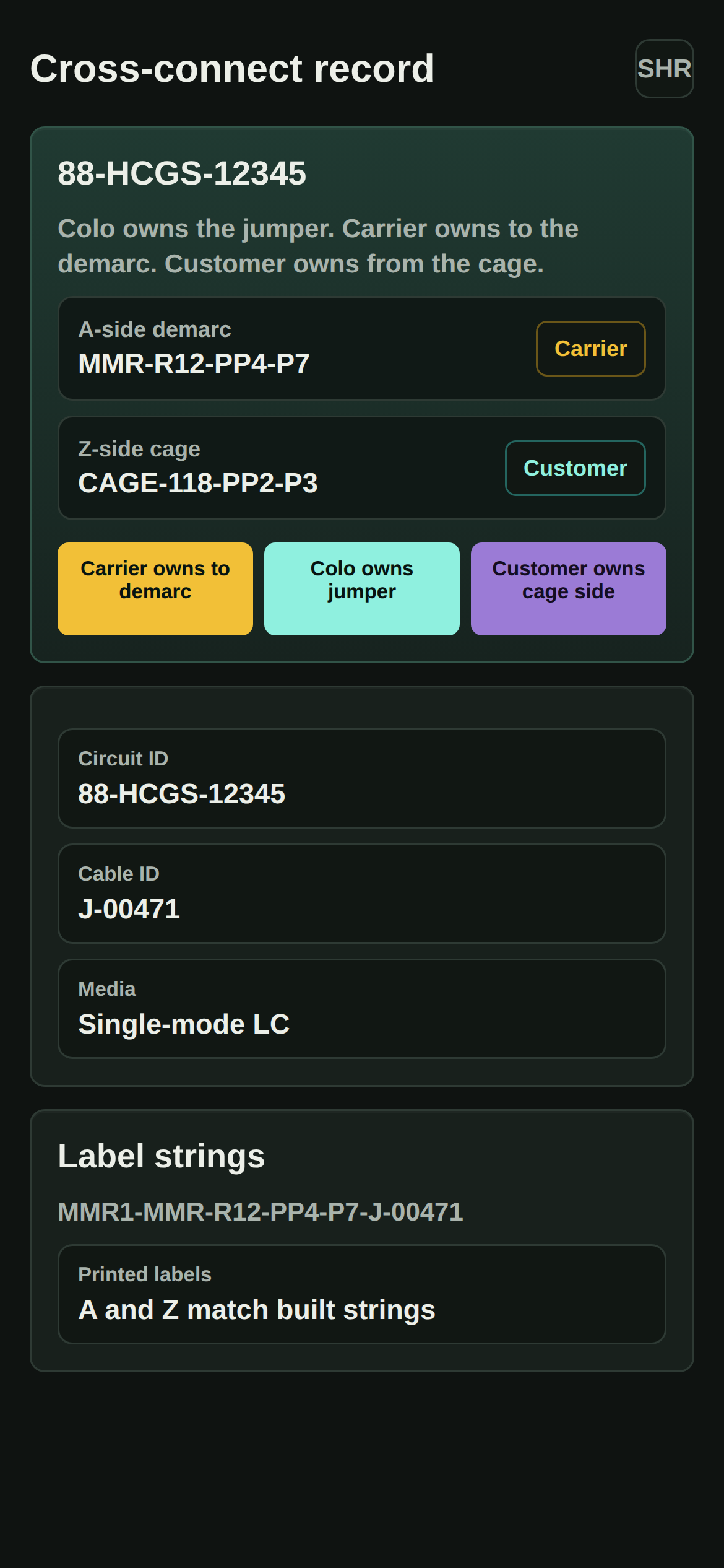 PatchRecord DC cross-connect record screen with demarc and cage panel-port fields