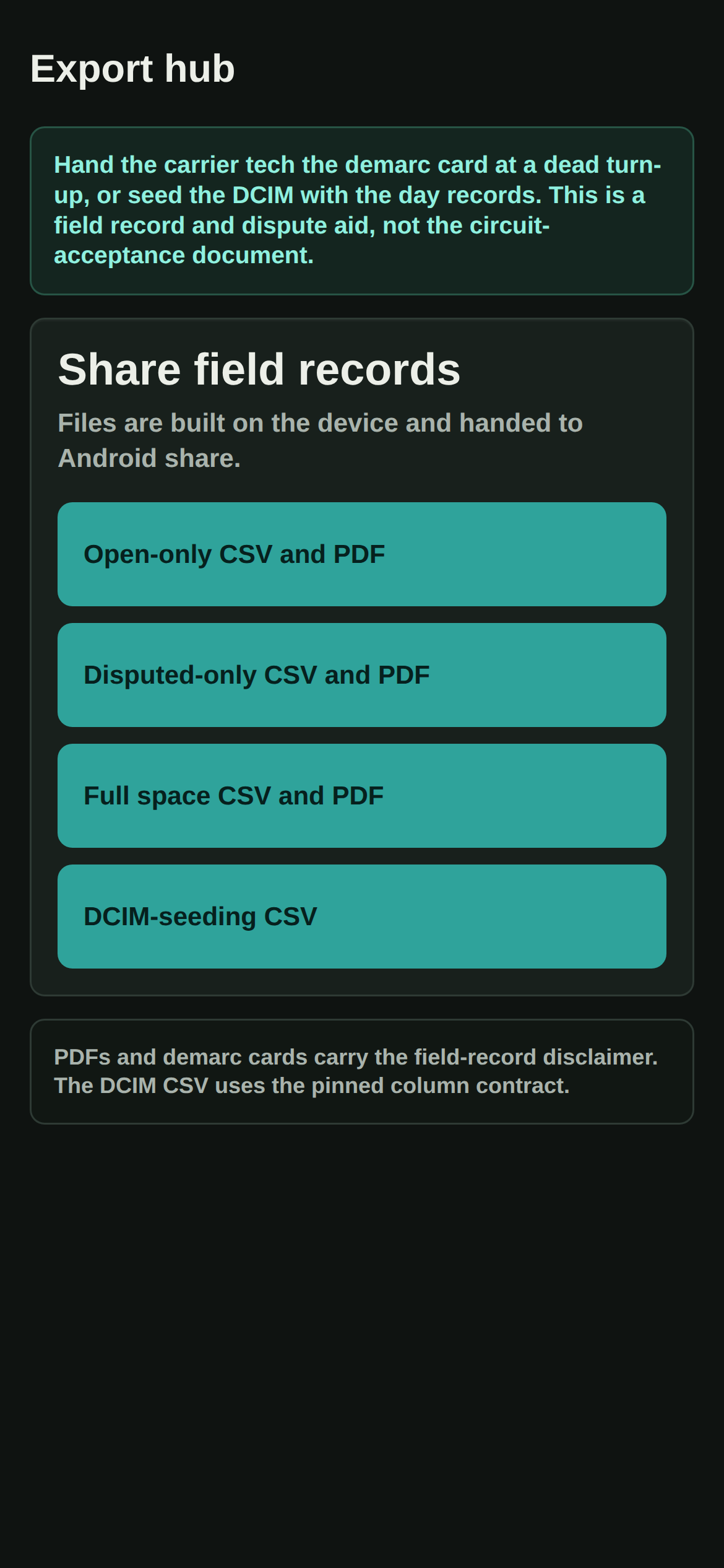 Export hub screen