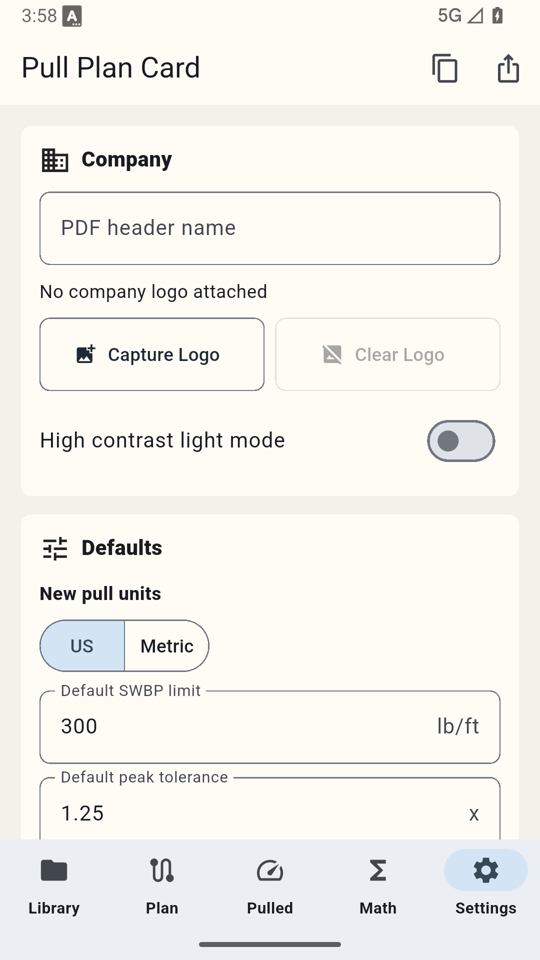 Pull Plan Card settings screen