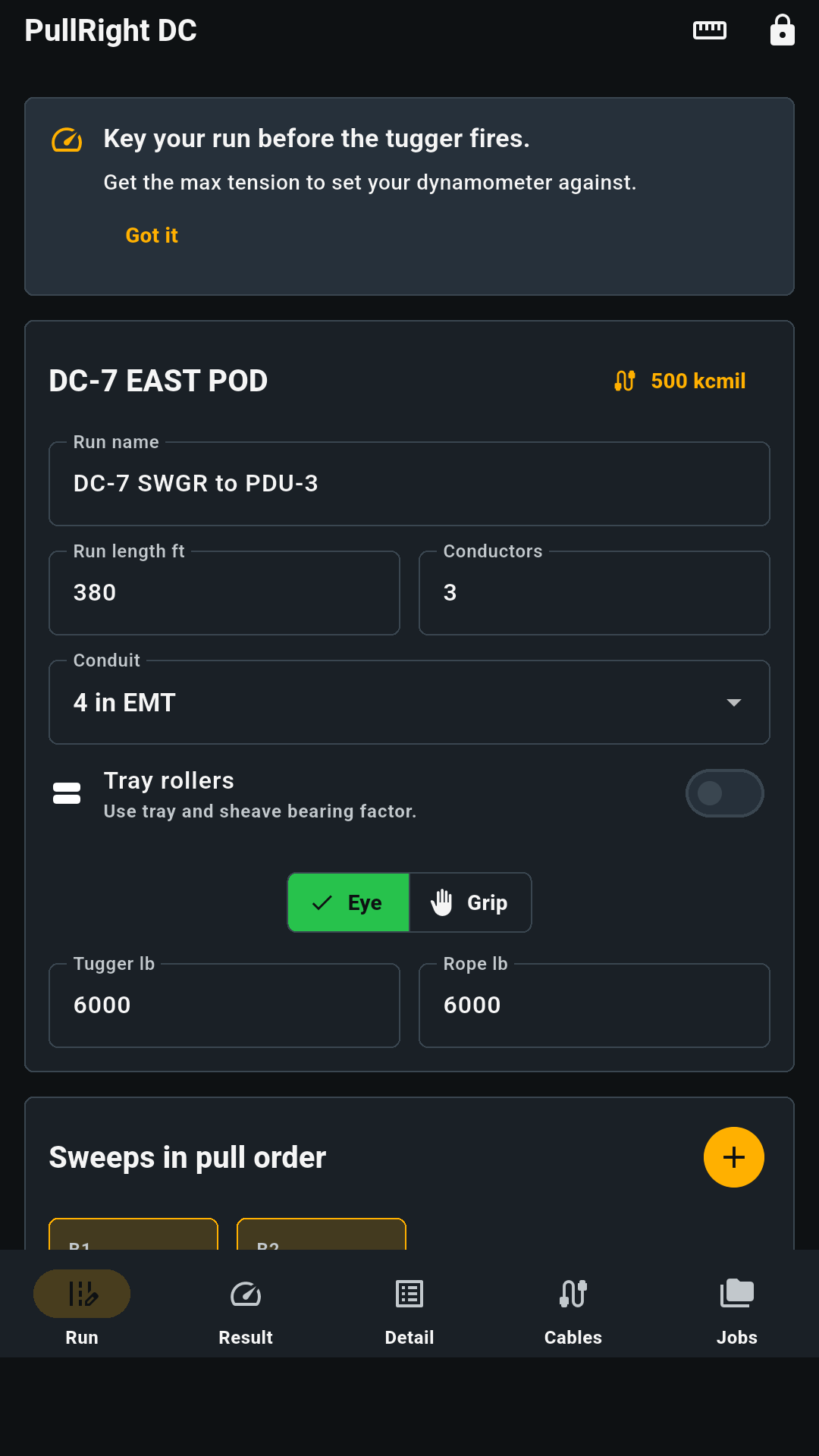 PullRight DC run setup screen with cable, conduit, sweep, and tugger inputs.