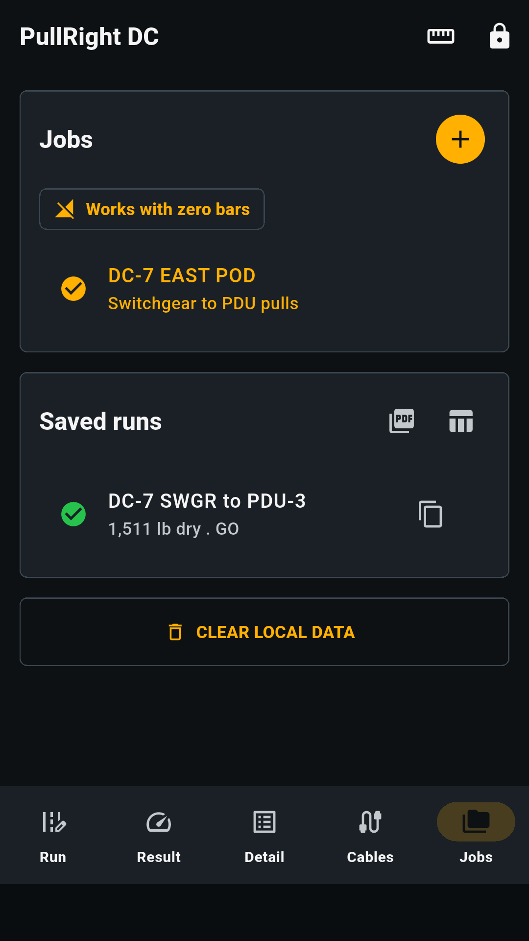 PullRight DC jobs screen with the Works with zero bars tag, active job, PDF and CSV export buttons, and a saved run ready to duplicate.
