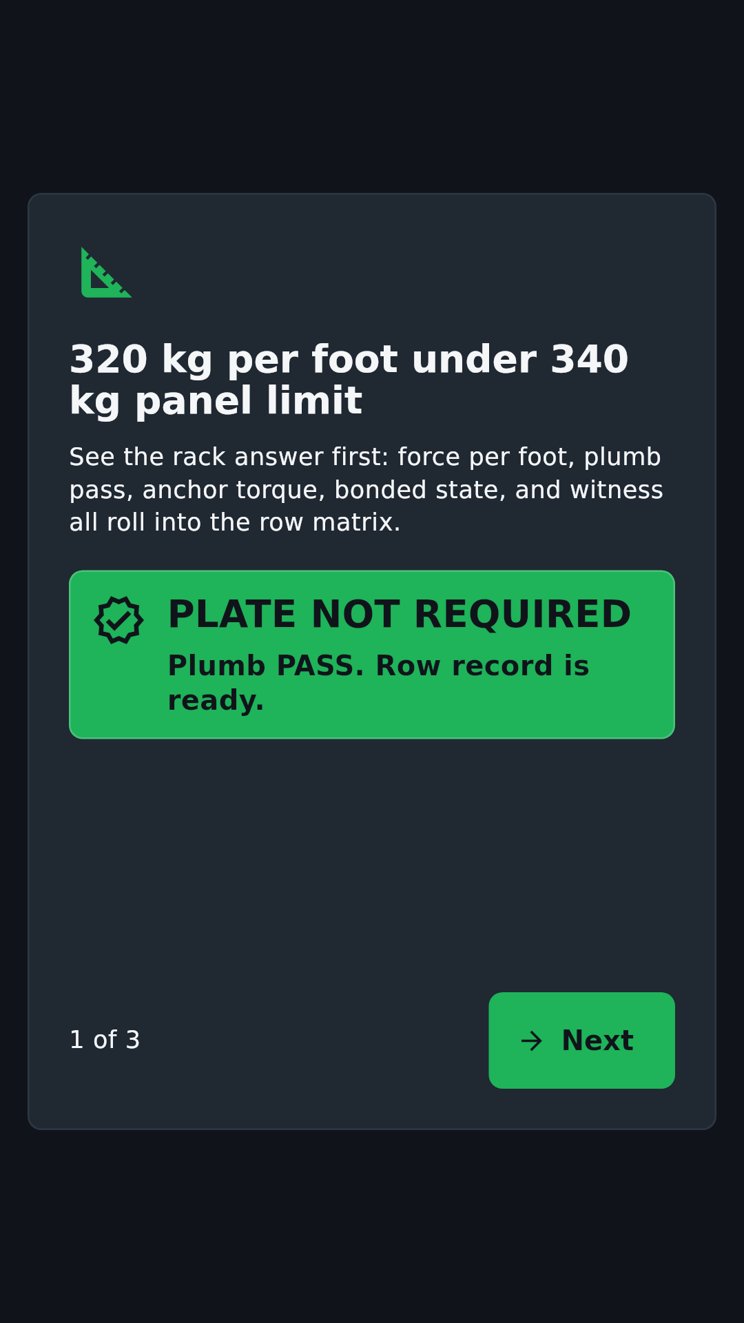 RackSet DC force-per-foot result on a phone