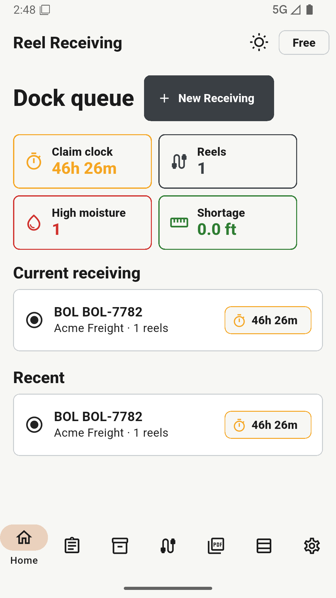 Reel Receiving home screen