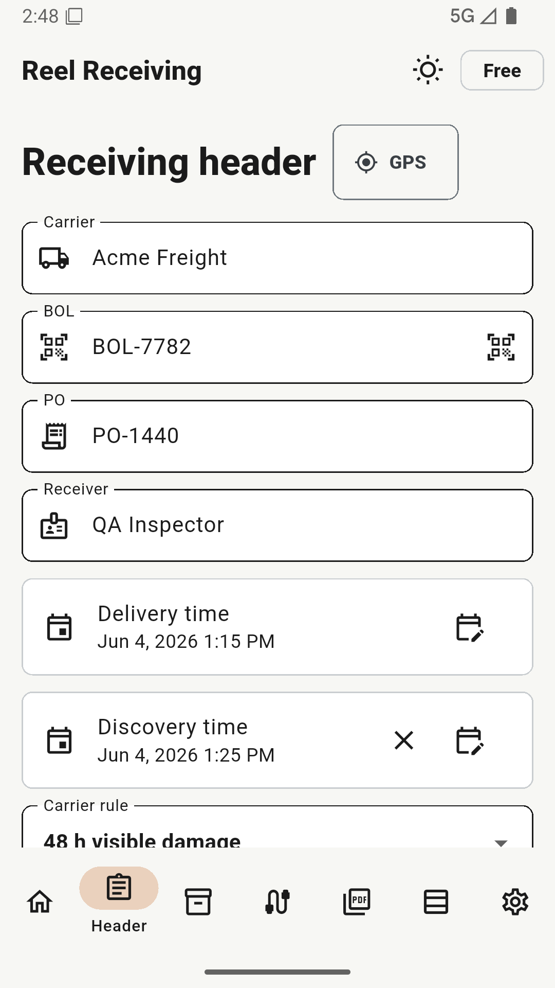 Reel Receiving header form