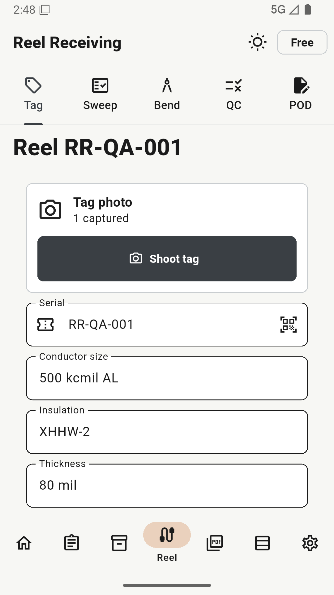 Reel Receiving reel tag screen