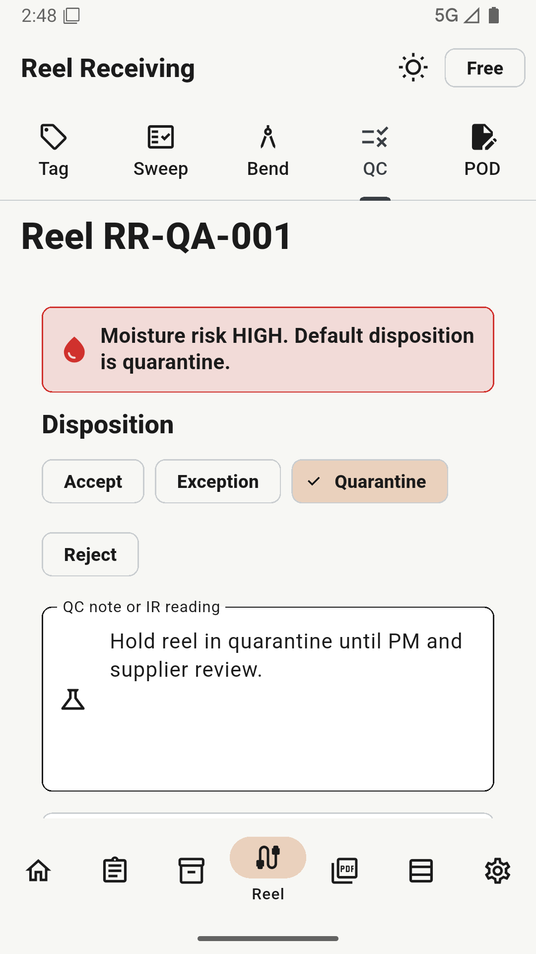 Reel Receiving QC screen