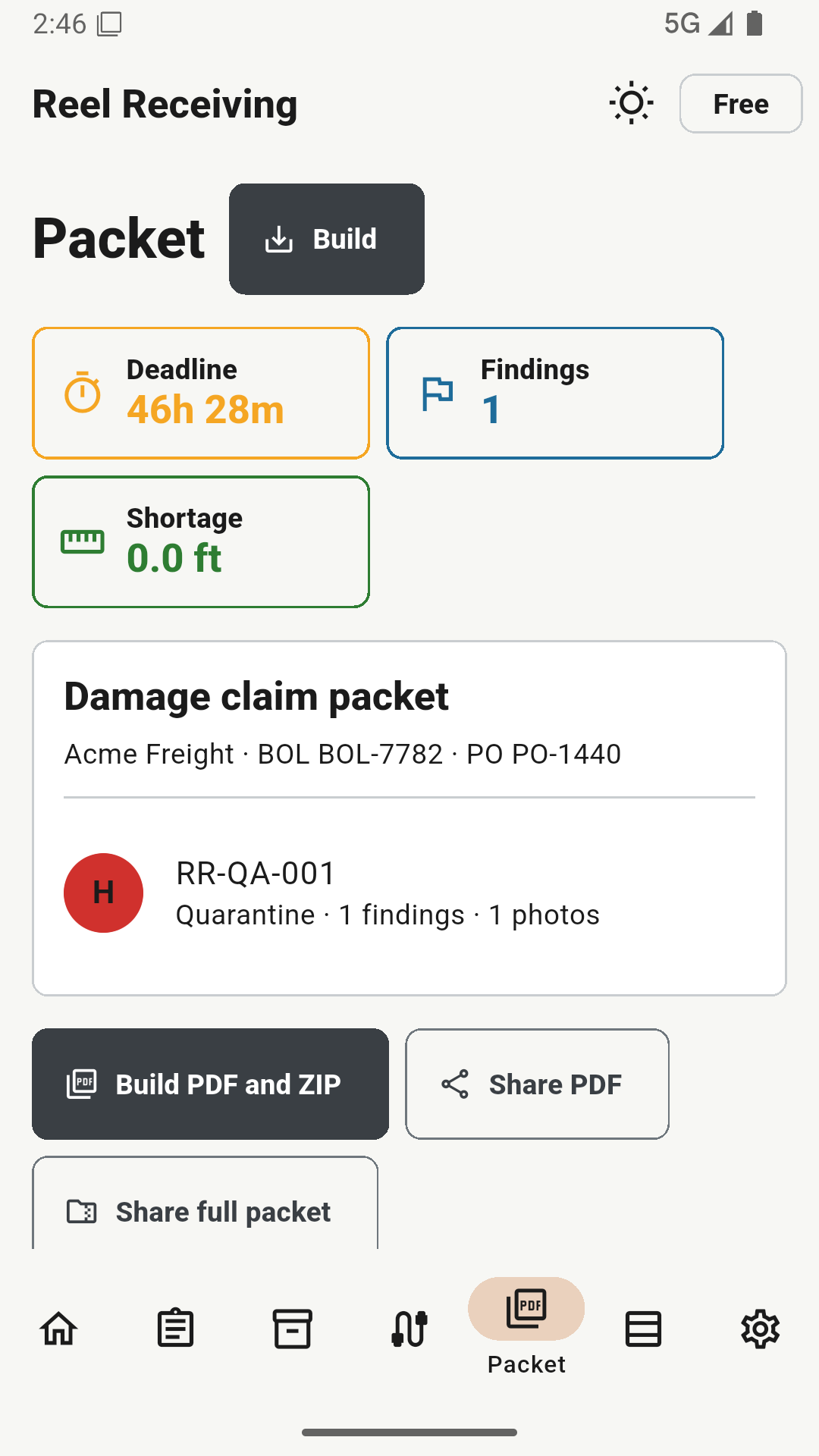 Reel Receiving packet export screen