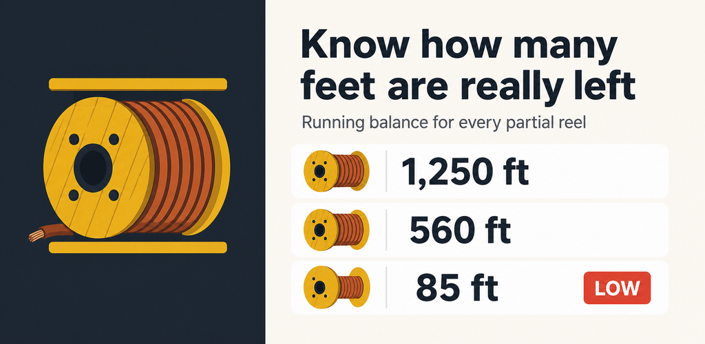 Reel Remainder Log feature graphic with cable reel rows and remaining feet