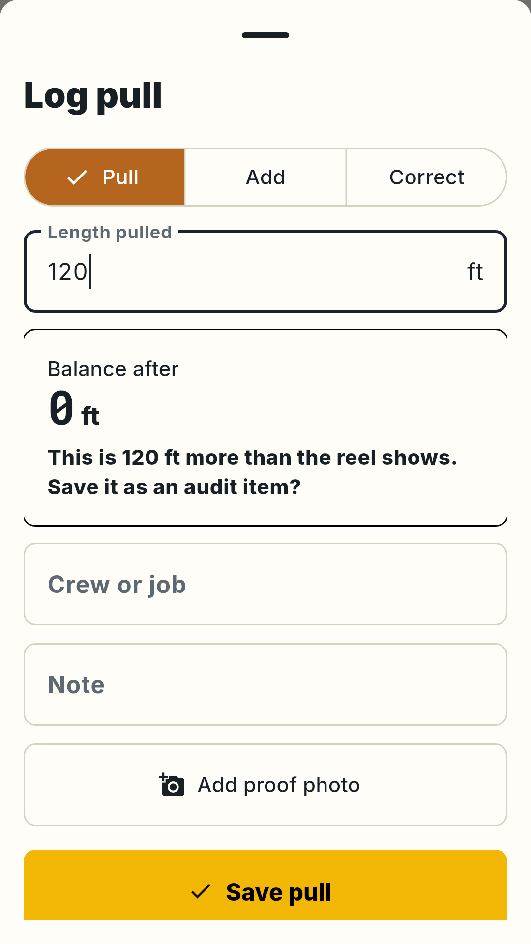 Pull entry sheet with balance fields and save action