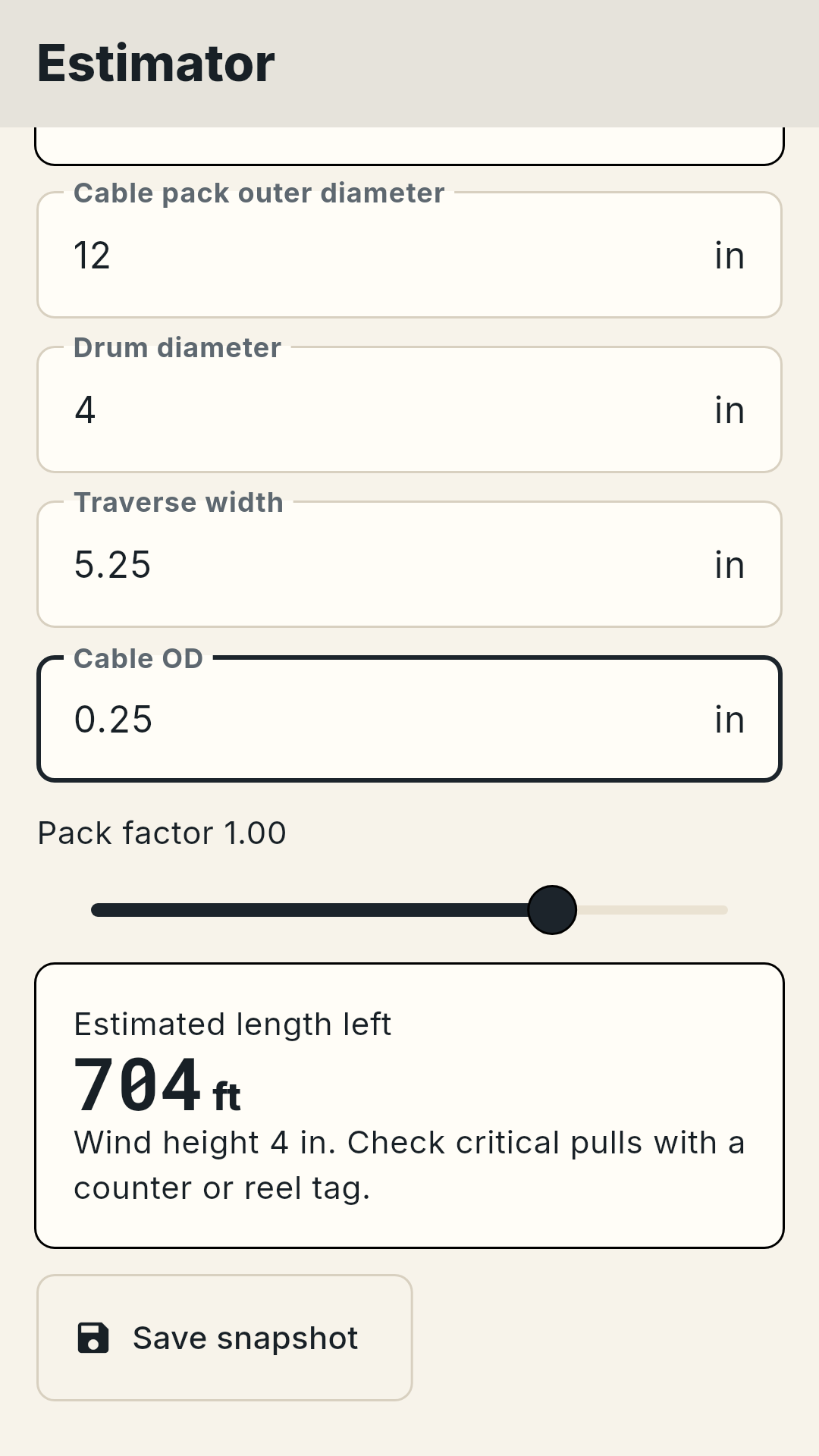 Estimator screen with reel diagram and dimension fields