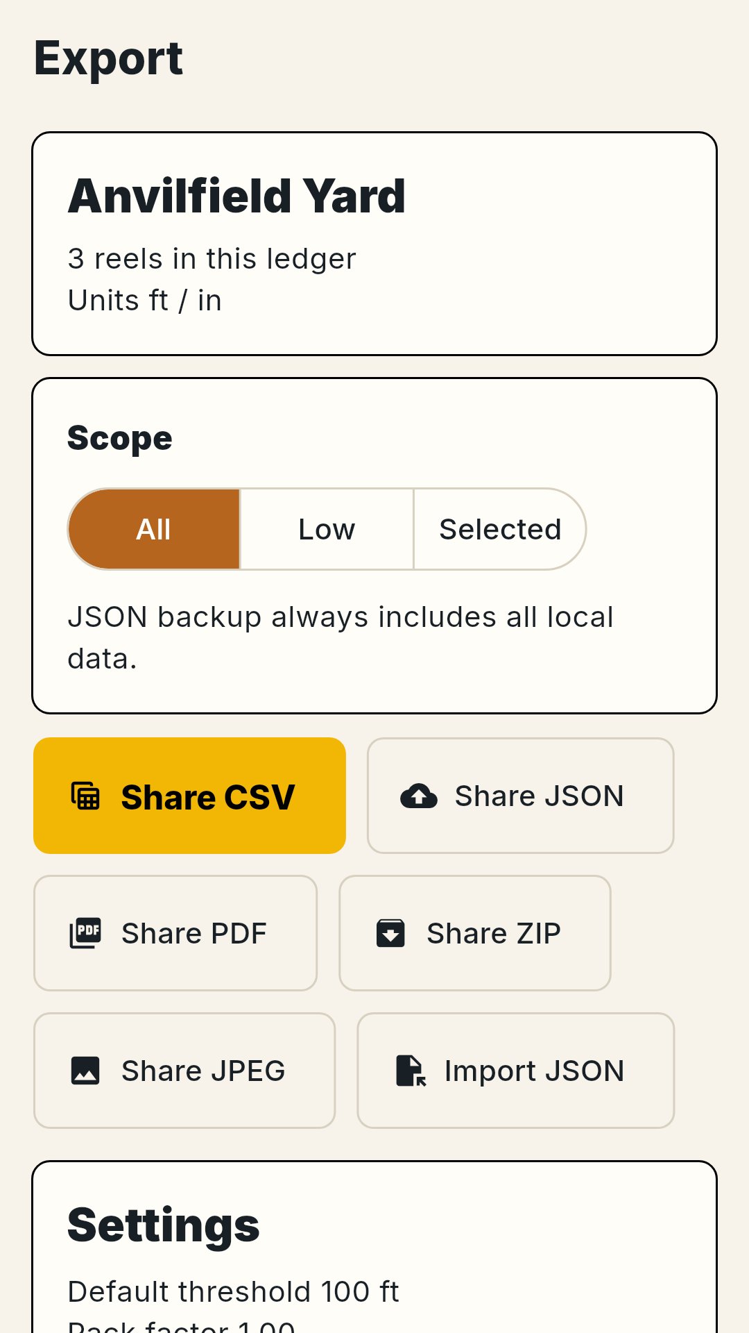Export screen with CSV, JSON, PDF, JPEG, and ZIP choices