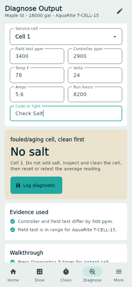 Salt cell diagnostic result screen
