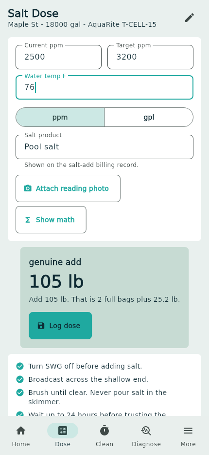 Salt dose calculator result screen