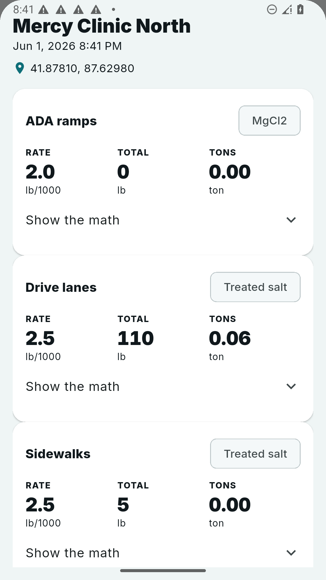 SaltLedger service log detail with timestamp, GPS stamp, and zone pounds