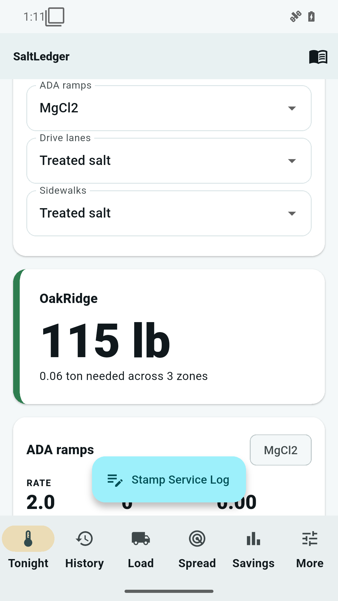 SaltLedger Tonight screen showing a 225 lb treated salt result