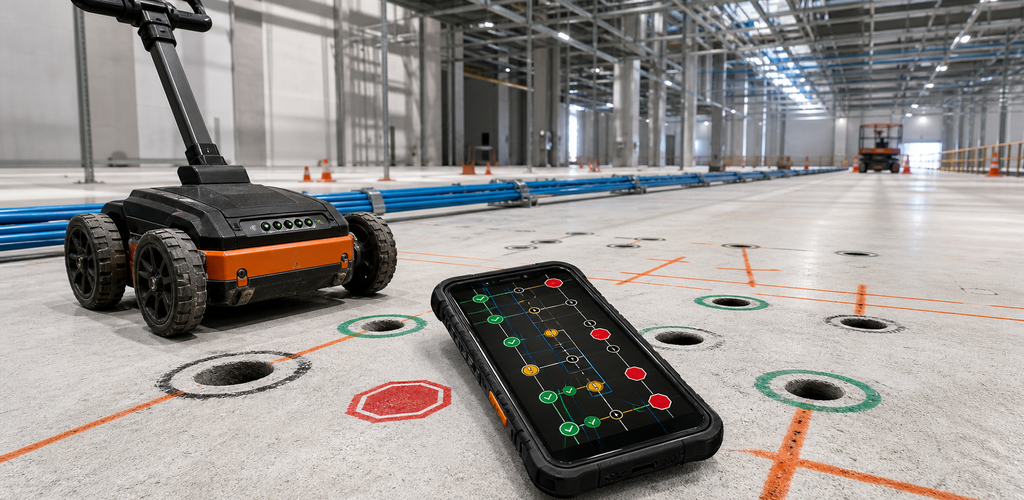 Scanner and ScanMark DC deck map on a concrete data hall floor