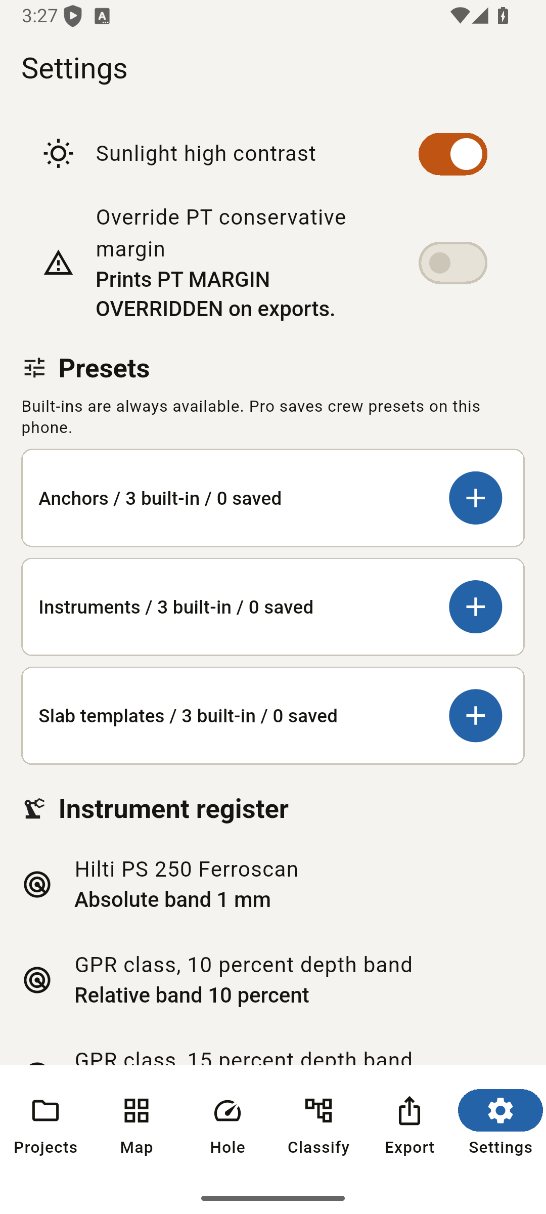 Settings with high contrast mode and crew presets