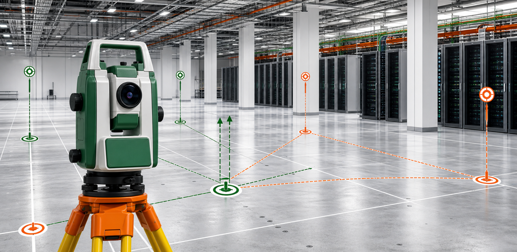 Total station in a data hall with green and orange check-shot markers
