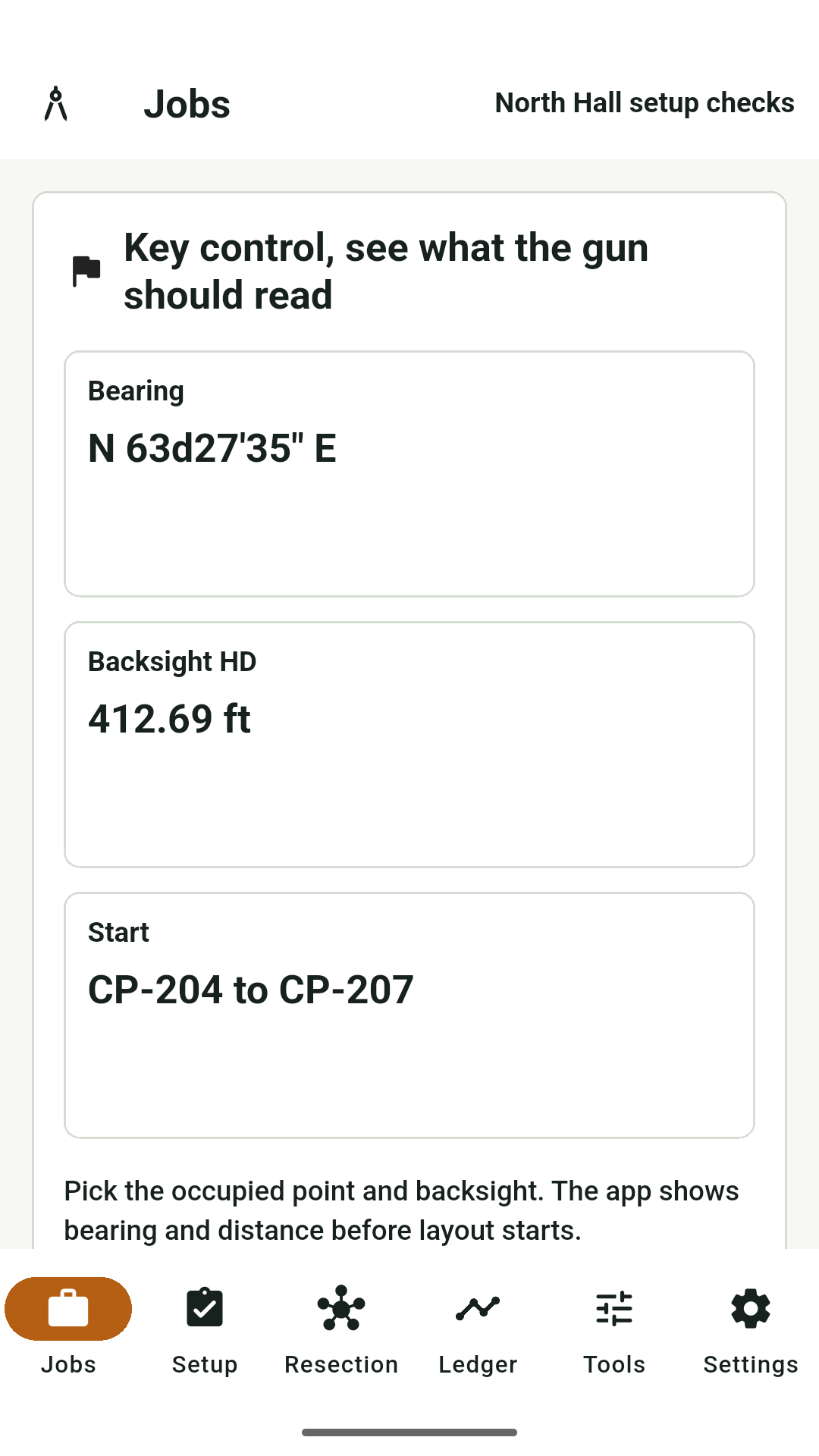 Jobs screen showing backsight bearing, distance, and start points before layout