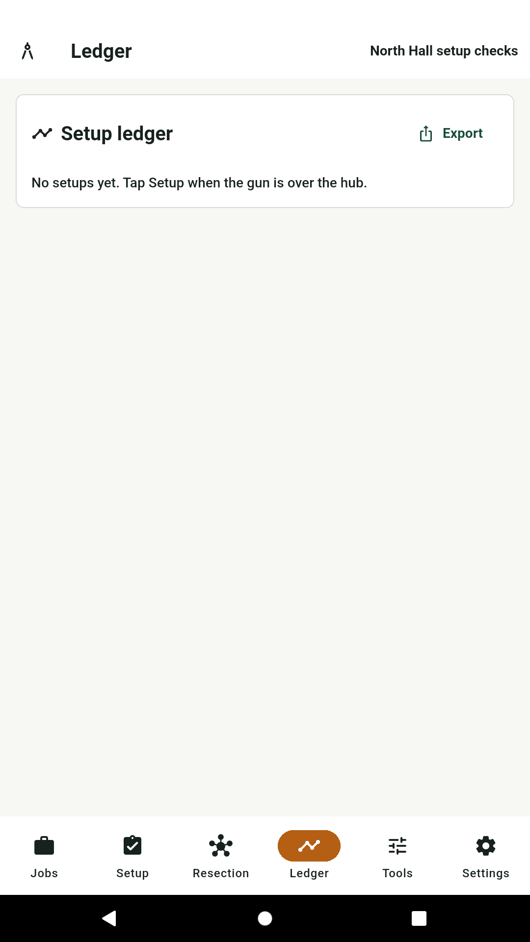 Setup ledger screen with export action and empty state