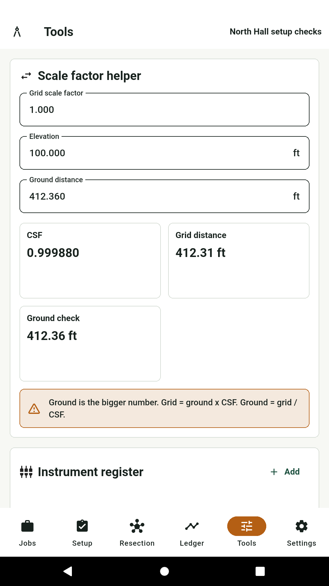 Scale factor helper and instrument register screen