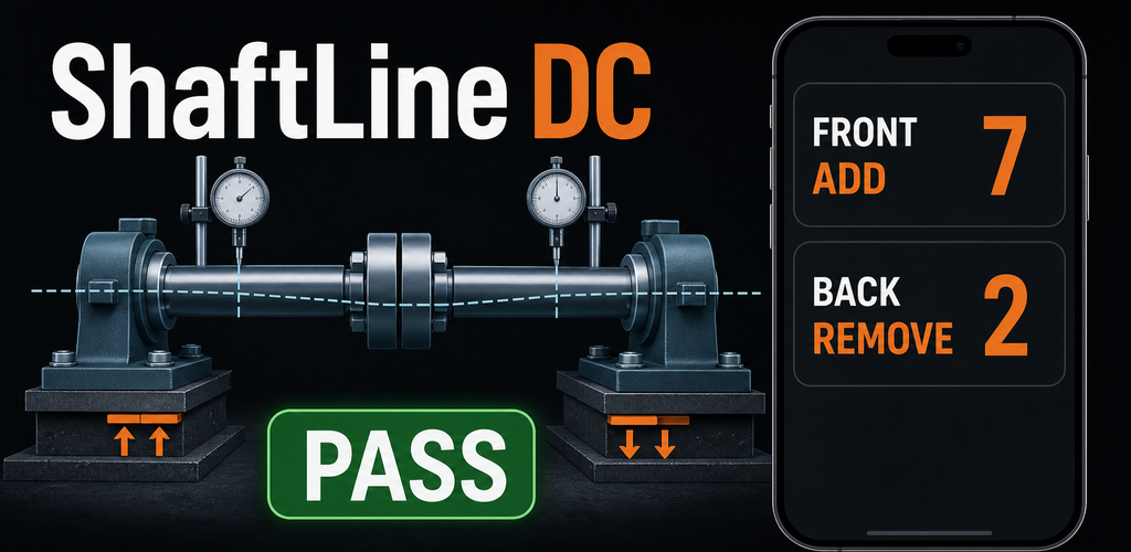 ShaftLine DC feature graphic showing a PASS result and shim moves.