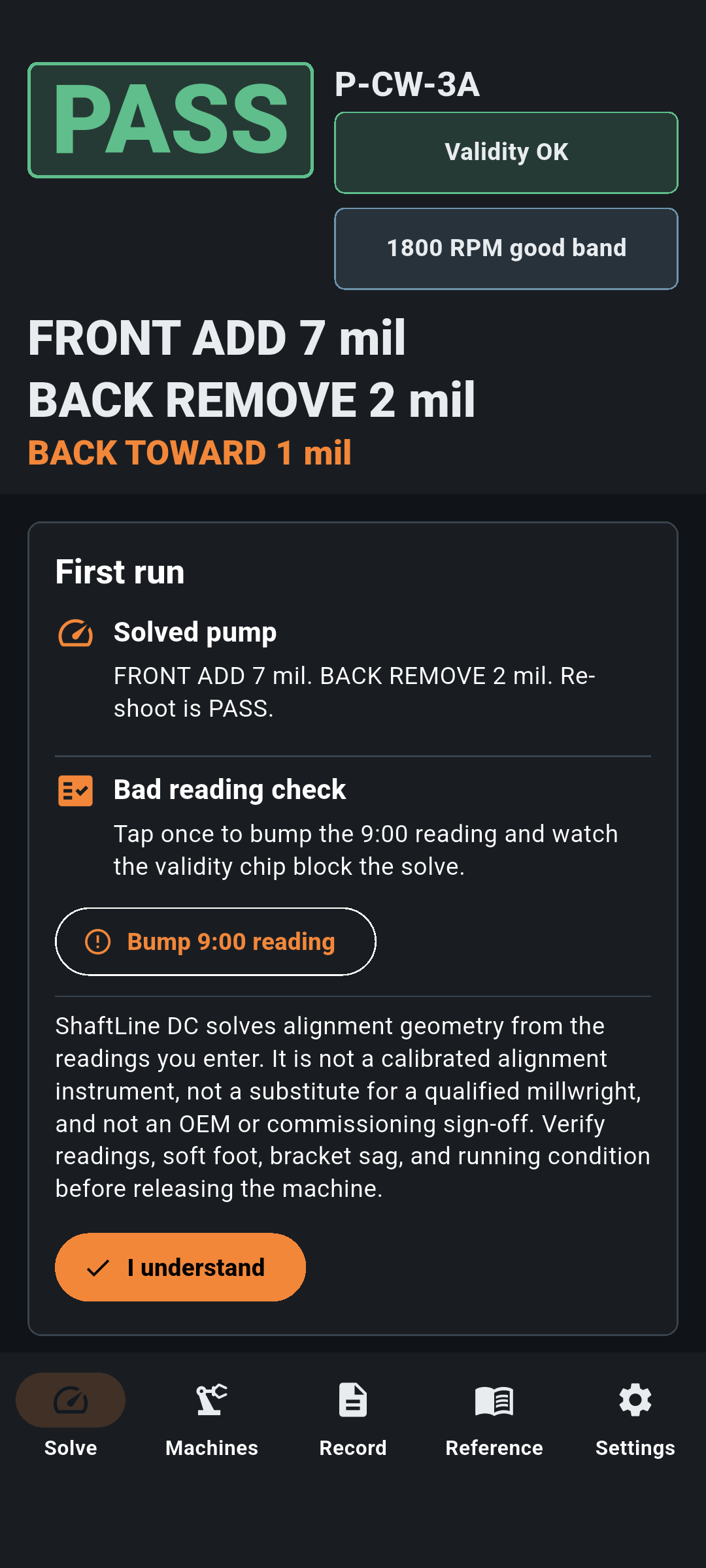 ShaftLine solve screen with PASS result and first-run acknowledgement.