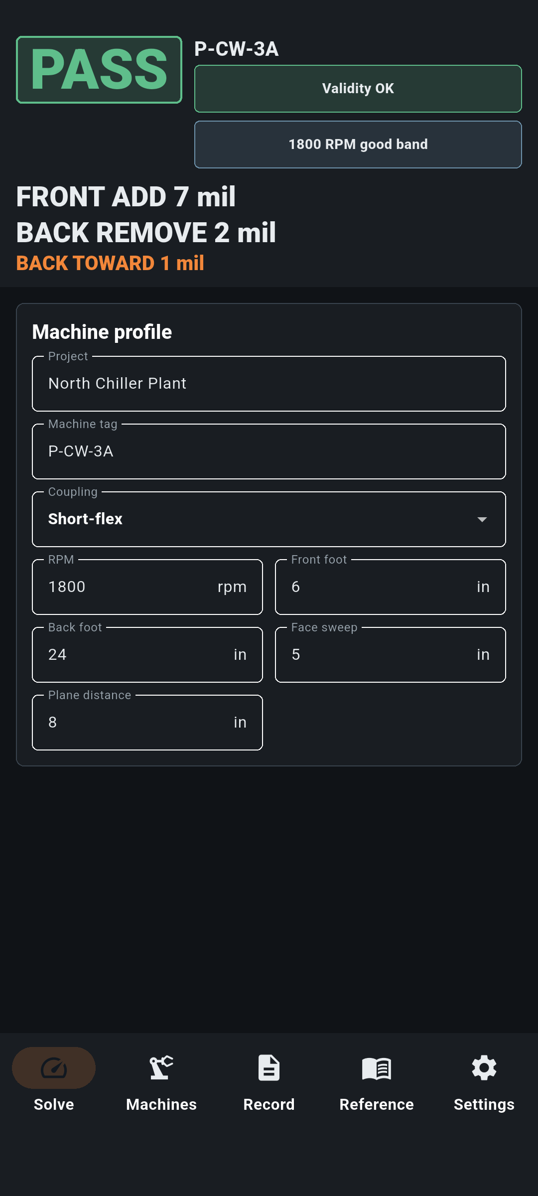 Machine profile and readings form in ShaftLine.