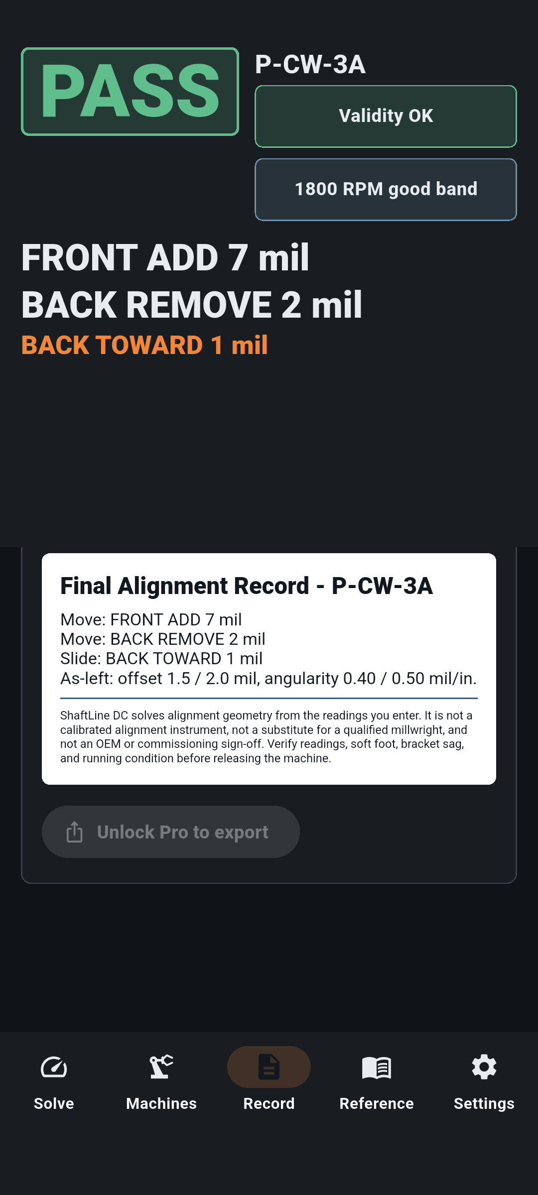 Final Alignment Record preview in ShaftLine.