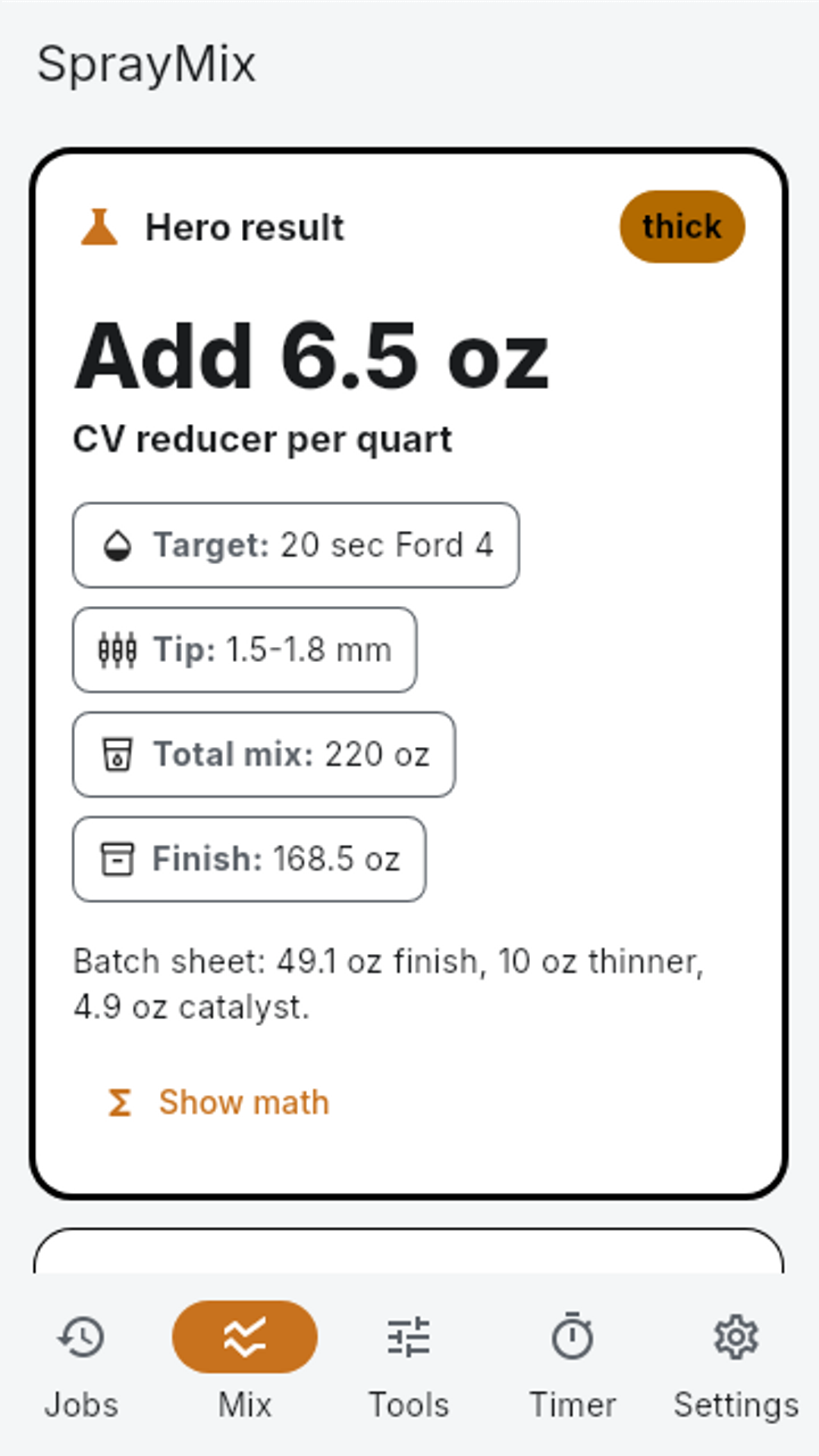 SprayMix hero result screen with mix, tip, and total ounces