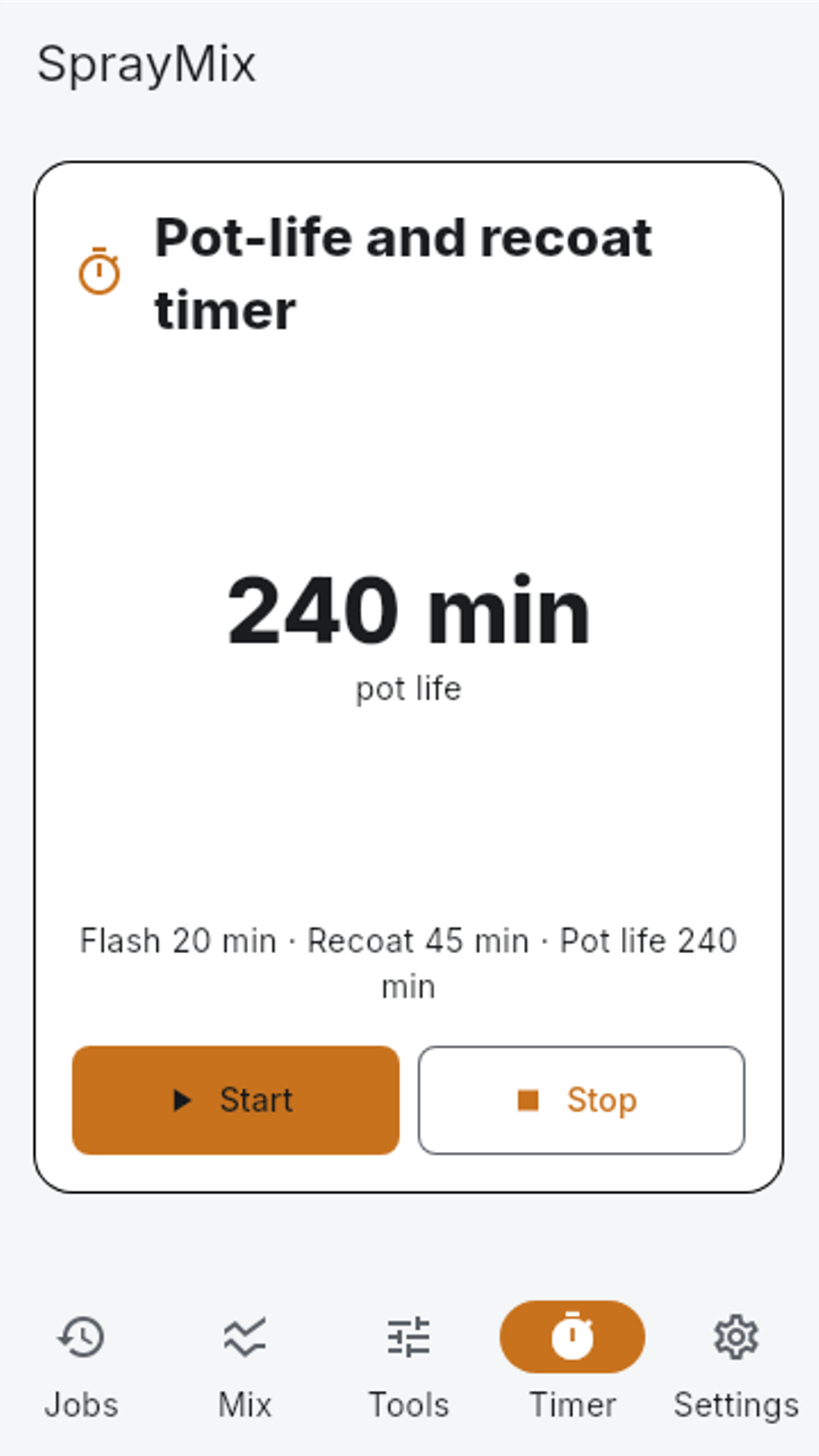 SprayMix pot-life timer screen