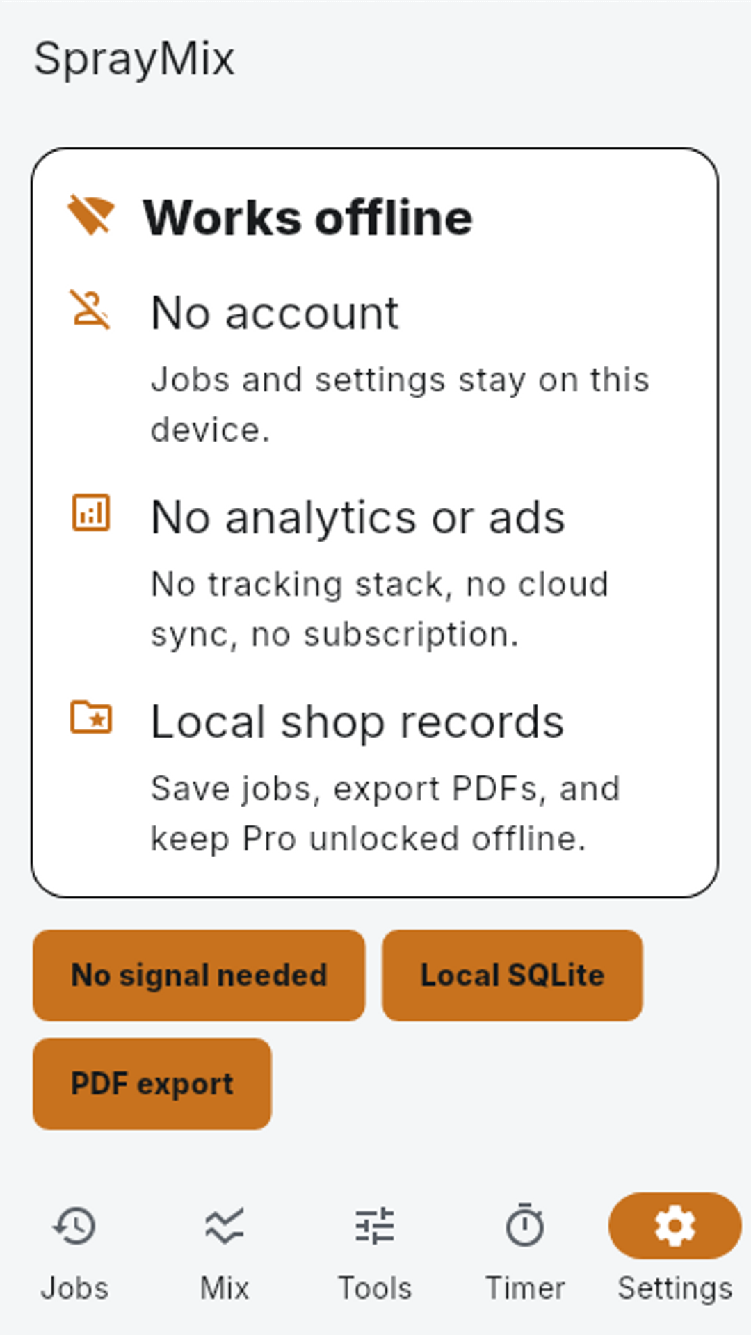 SprayMix offline settings and privacy screen
