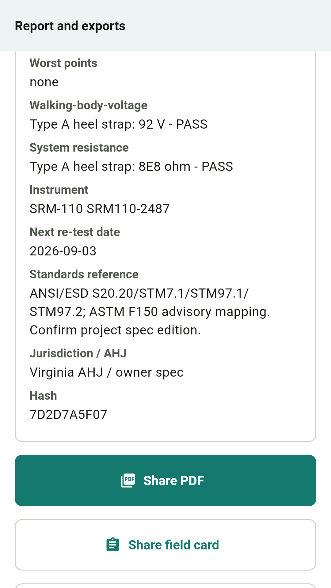 Report preview with field card and standards reference