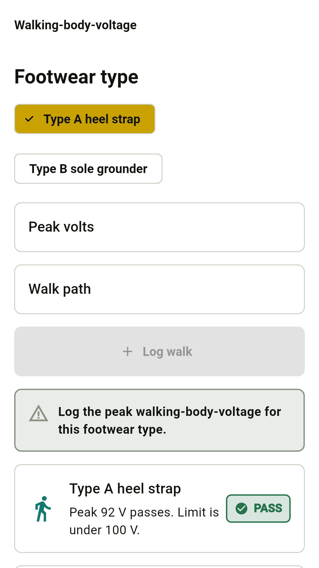 Walking-body-voltage screen with footwear peak readings