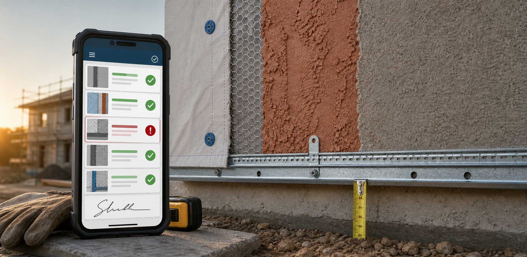StuccoProof field inspection scene with phone checklist, lath, WRB, tape measure, and weep screed detail