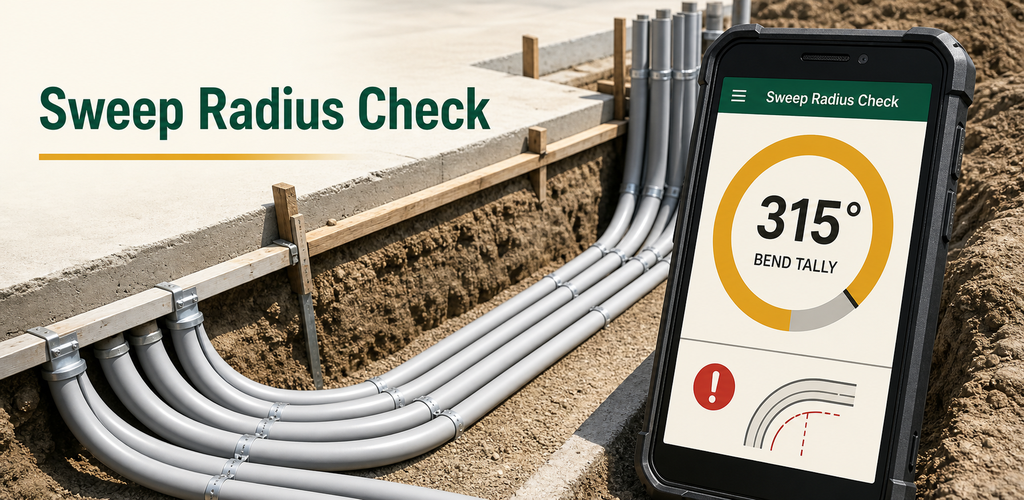 Phone showing a bend tally and sweep-radius warning in a duct-bank trench.