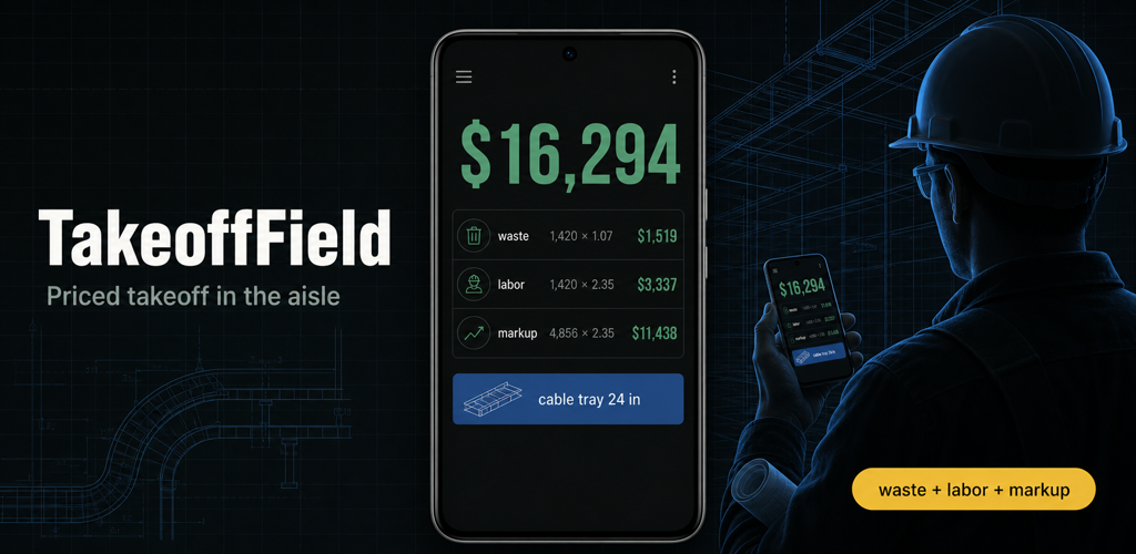 TakeoffField DC feature graphic showing priced takeoff totals and construction quantity inputs