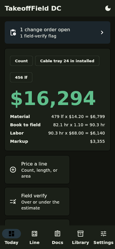 TakeoffField DC dashboard with priced line total