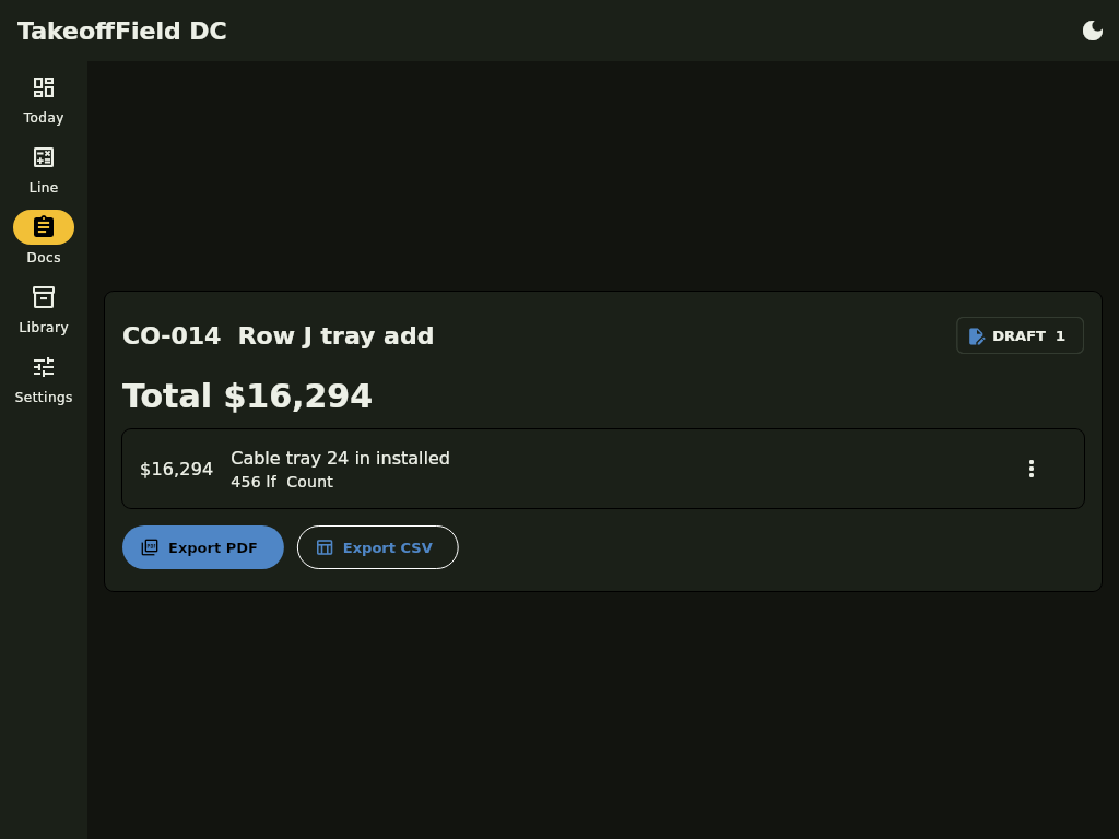 TakeoffField DC documents table on tablet