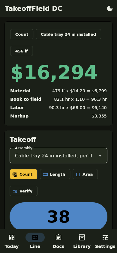 TakeoffField DC line editor with quantity and markup fields