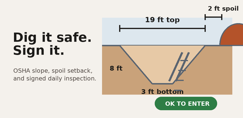 TrenchSafe scaled trench cross-section, top-width dimension, spoil setback, and OK to enter status