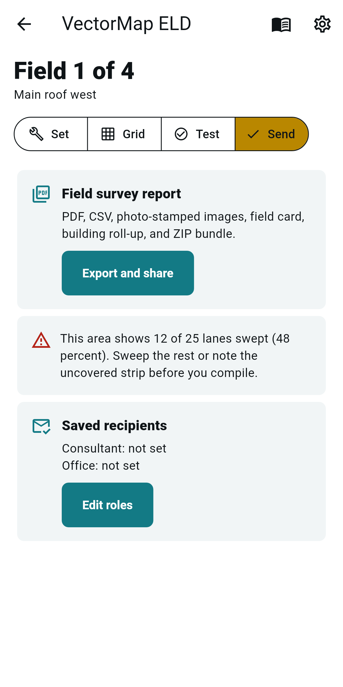 VectorMap ELD report export package screen